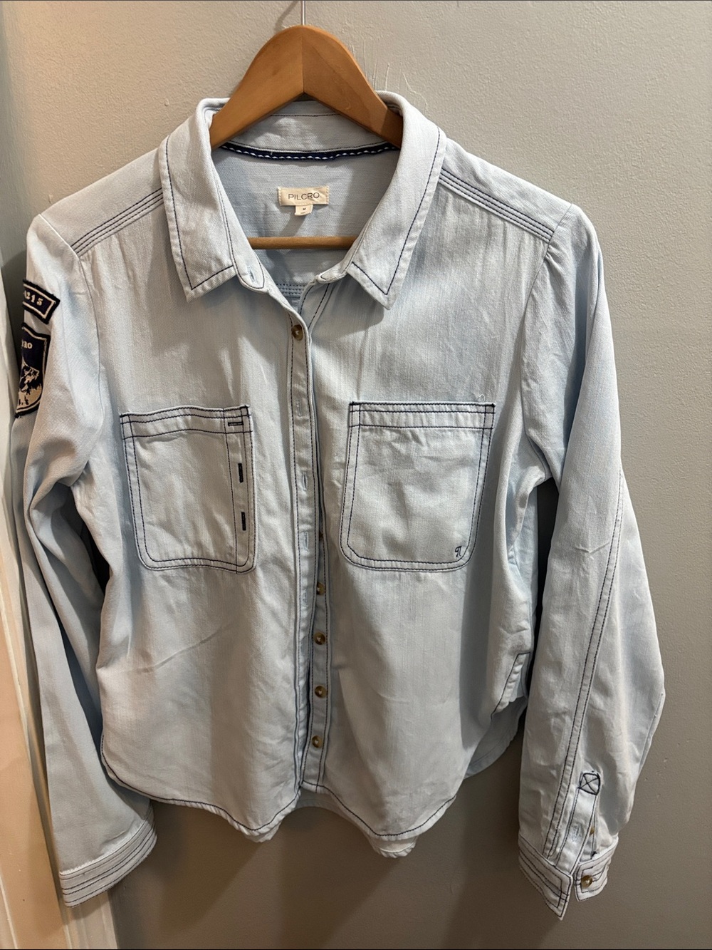 Pilcro Light Blue Button-Down Shirt Jacket with Sleeve Patch Cotton - M - Picture 4 of 10